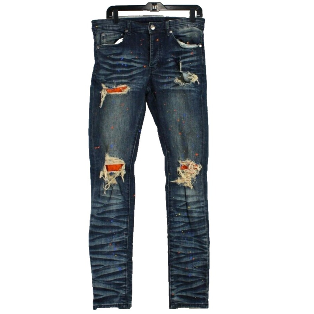 Mens Blue Distressed Paint Splatter Slim‎ Fit Jeans Orange Patch Ripped